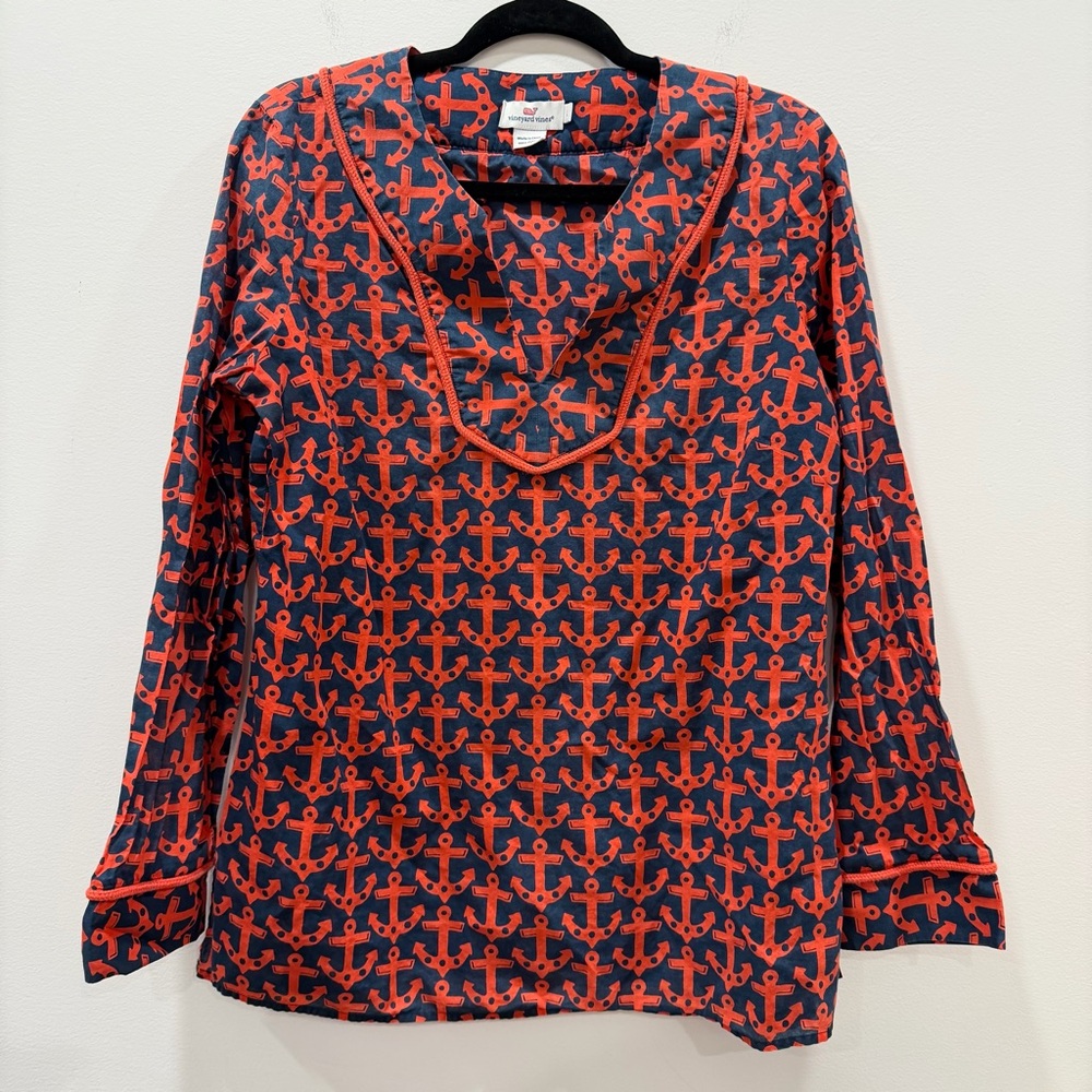 ✅ Vineyard Vines large Red Blue Anchors Tunic Top Rope Detail flawed sleeve sail